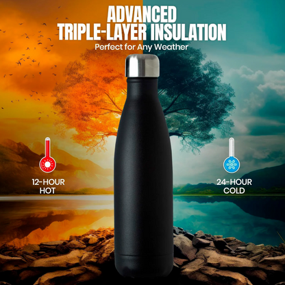 AquiorFilters Triple-Wall Black Insulated Water Bottle – 17oz Stainless Steel, Leak-Proof, Cold 24H / Hot 12H