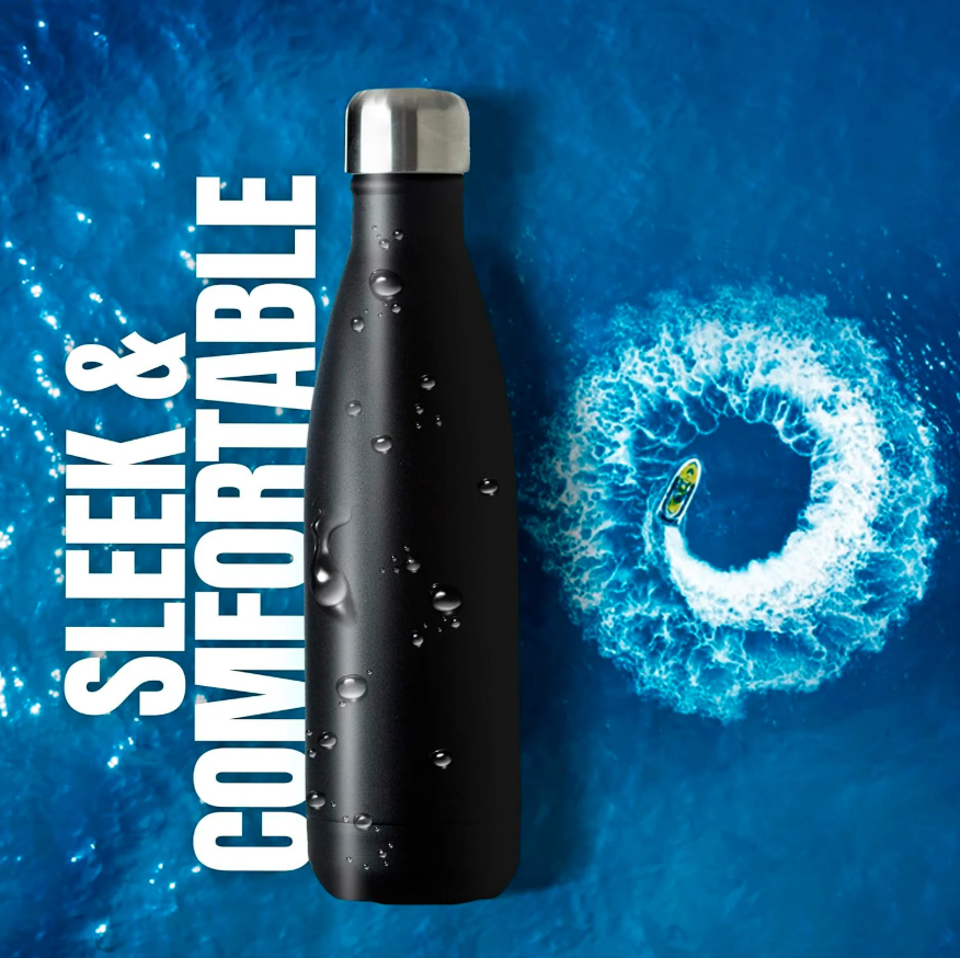 AquiorFilters Triple-Wall Black Insulated Water Bottle – 17oz Stainless Steel, Leak-Proof, Cold 24H / Hot 12H